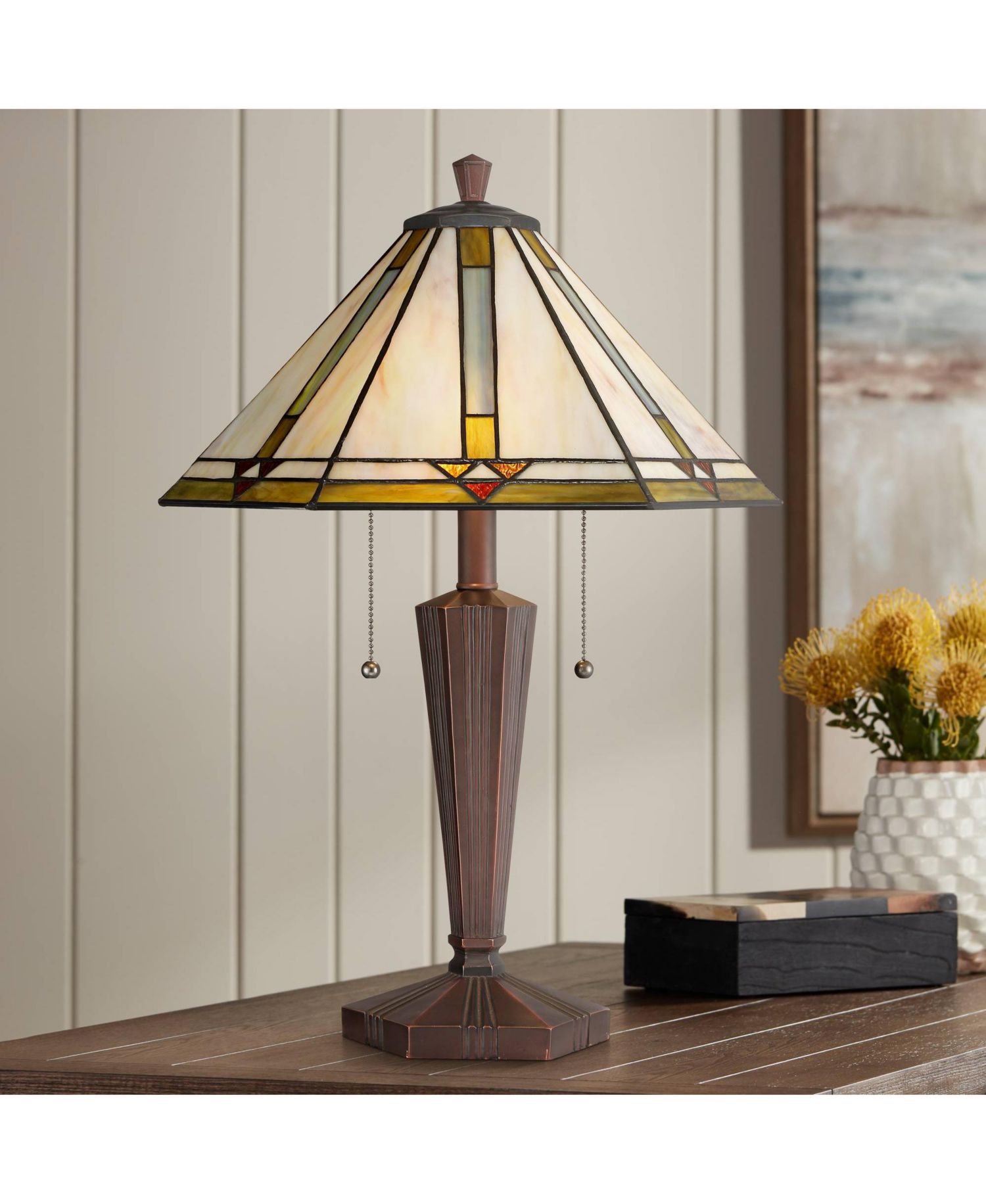 Landford Traditional Mission Accent Table Lamp 22 1/2" High Bronze Stained Art Glass Shade for Bedroom Living Room Bedside Office