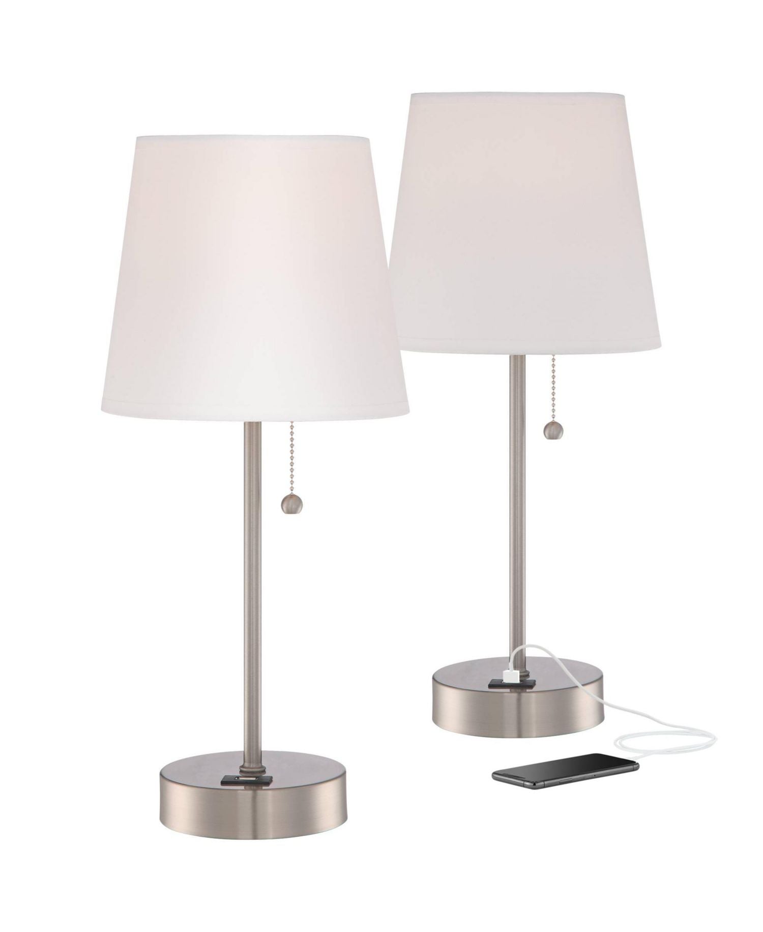 Justin 18" High Small Modern Accent Table Lamps Set of 2 USB Port Pull Chain Silver Finish Metal Living Room Charging